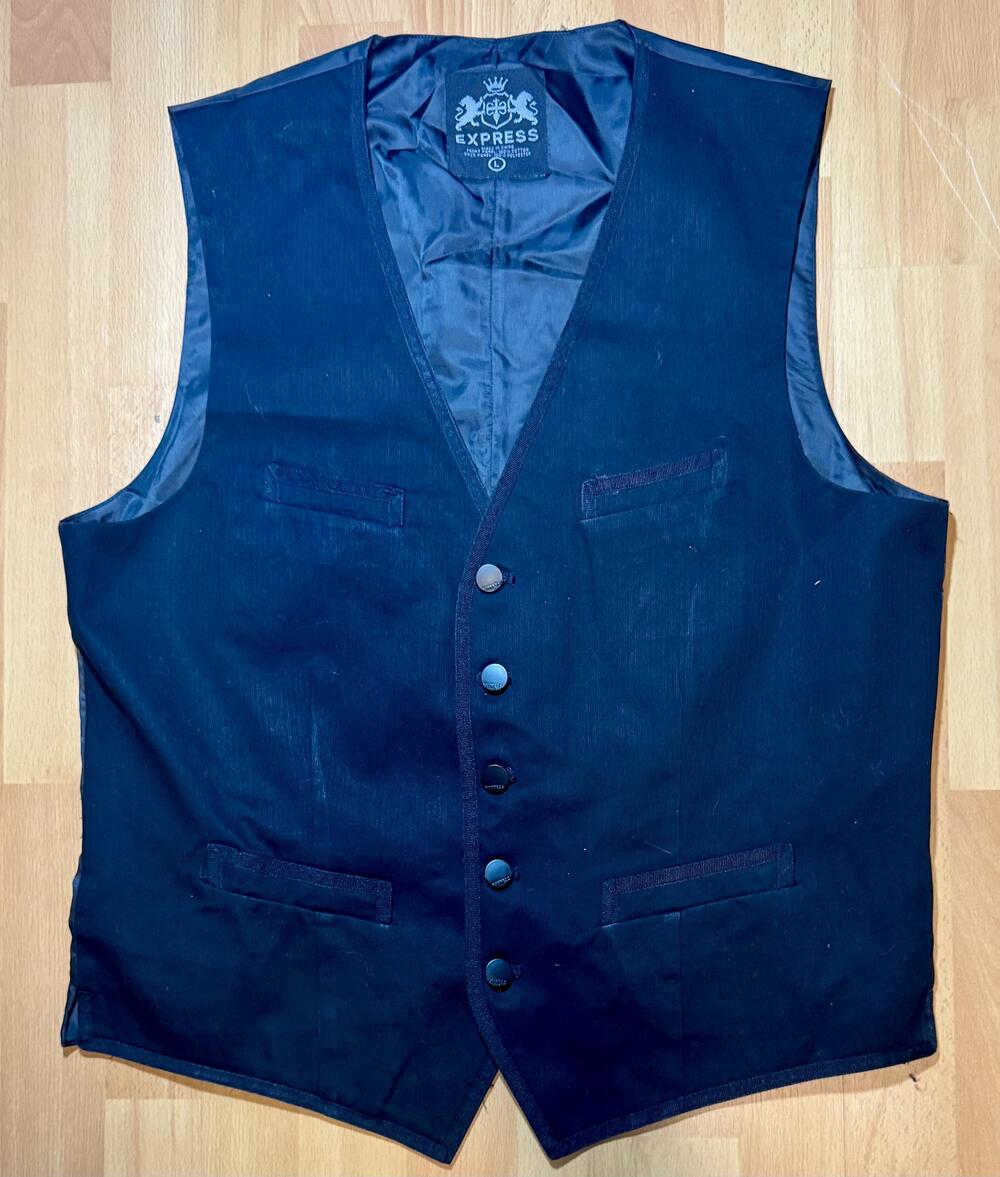 Express Vest Mens Large Black Gothic Back Graphic Waistcoat Dressy Party Lined